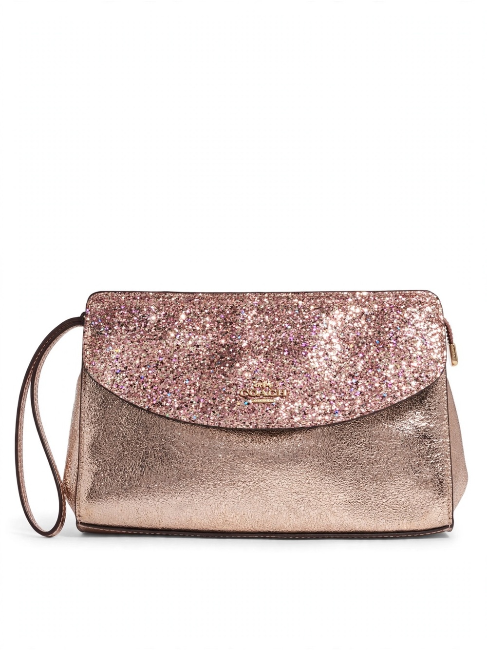 Coach Rose Gold Glitter Flap Metallic Wristlet Clutch